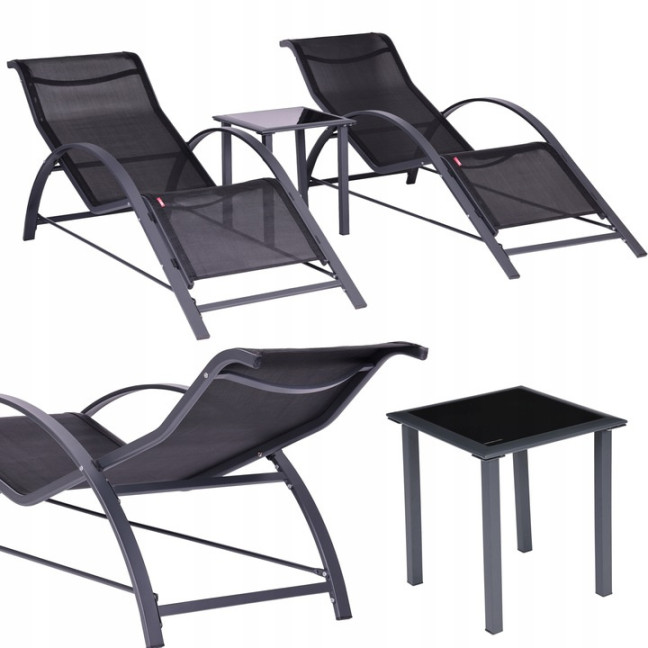 Garden Lounger Set with Side Table | Loungers with side table for patio or balcony Black/Grey | Garden table