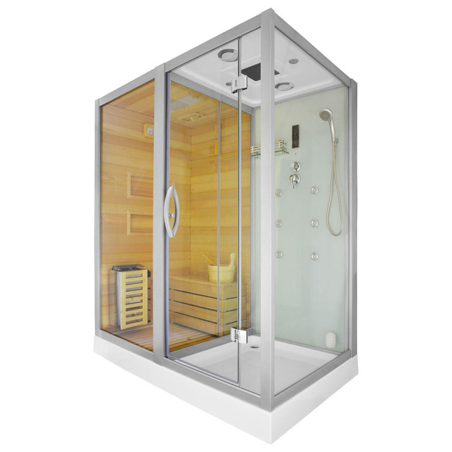 MO-1752W LEFT TRIO corner, dry sauna, steam sauna and shower cabin 180X110X223CM | Natural Wood | Scandinavian Style