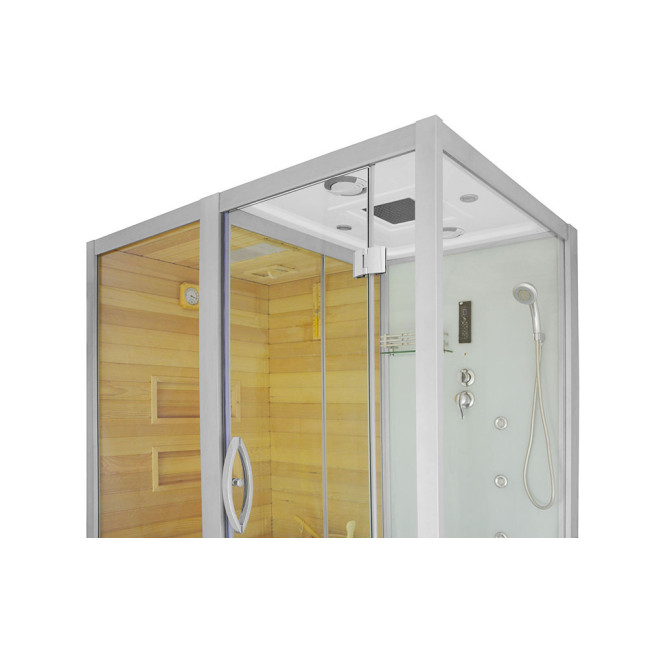 MO-1752W LEFT TRIO corner, dry sauna, steam sauna and shower cabin 180X110X223CM | Natural Wood | Scandinavian Style