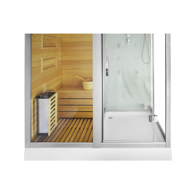 MO-1752W LEFT TRIO corner, dry sauna, steam sauna and shower cabin 180X110X223CM | Natural Wood | Scandinavian Style