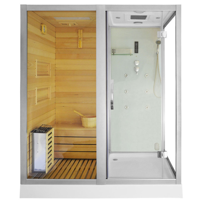 MO-1752W LEFT TRIO corner, dry sauna, steam sauna and shower cabin 180X110X223CM | Natural Wood | Scandinavian Style
