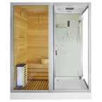 MO-1752W LEFT TRIO corner, dry sauna, steam sauna and shower cabin 180X110X223CM | Natural Wood | Scandinavian Style