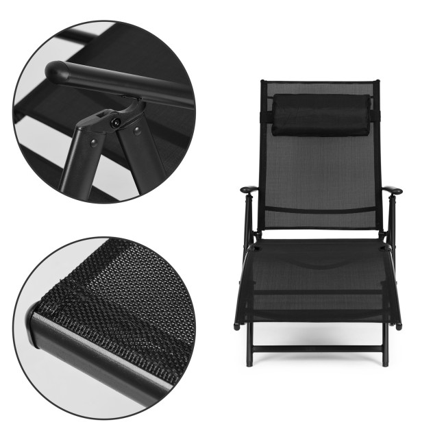 Folding Beach Garden Lounger | Lounger with headrest for patio balcony Black/Grey | Garden furniture, relaxation, modern style