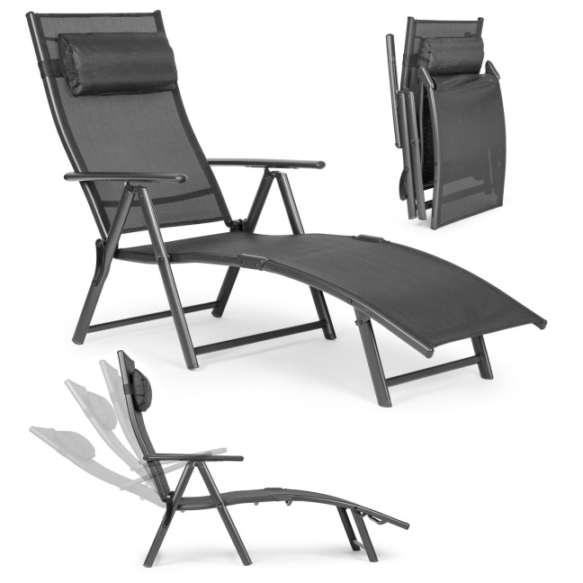 Folding Beach Garden Lounger | Lounger with headrest for patio balcony Black/Grey | Garden furniture, relaxation, modern style
