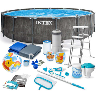 INTEX Greywood Prism Frame pool 457 × 122 cm (+ full accessory kit) — resort-grade depth for family backyards