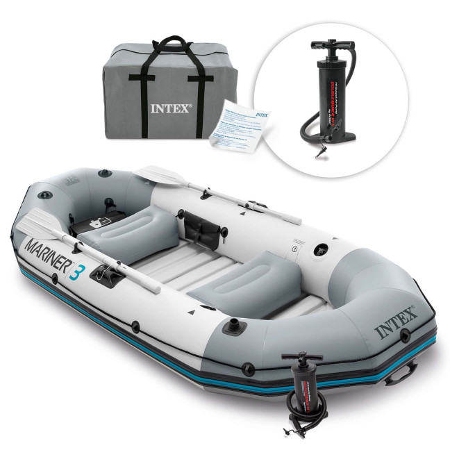 Inflatable Pontoon Mariner 3 for 3 Persons with Oars, Pump, Fishing Rod Holders, and Motor - INTEX 68373