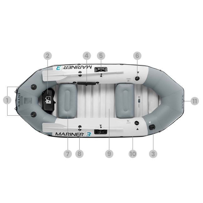 Inflatable Pontoon Mariner 3 for 3 Persons with Oars, Pump, Fishing Rod Holders, and Motor - INTEX 68373