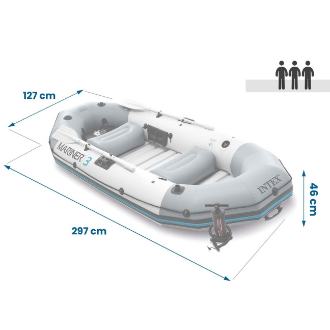 Inflatable Pontoon Mariner 3 for 3 Persons with Oars, Pump, Fishing Rod Holders, and Motor - INTEX 68373