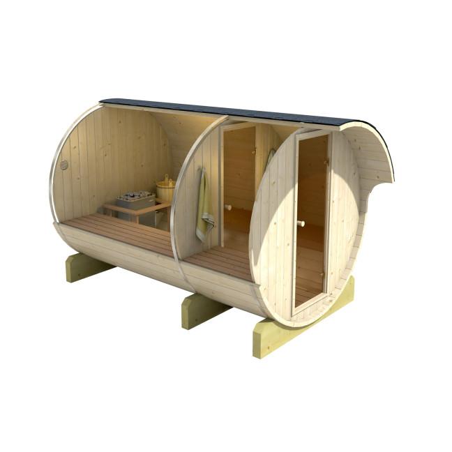 Barrel Outdoor Sauna 330 for 6 persons / Electric or Wood-Burning Harvia Stove  / High Quality Scandinavian Spruce (Thermwood)