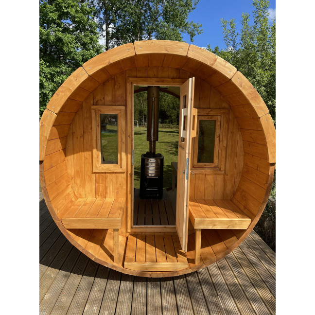 Barrel Outdoor Sauna 250 for 4 persons / Electric or Wood-Burning Harvia Stove  / High Quality Scandinavian Spruce (Thermwood)