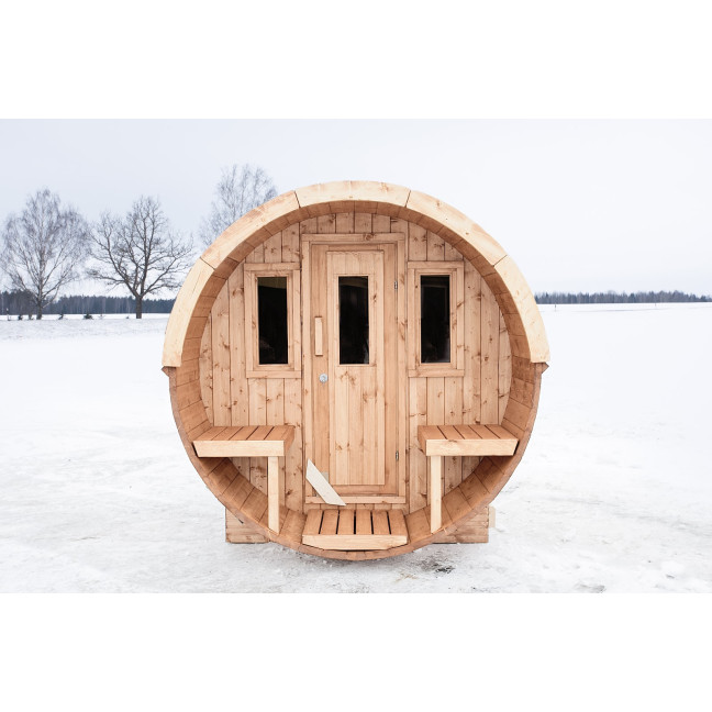 Barrel Outdoor Sauna 250 for 4 persons / Electric or Wood-Burning Harvia Stove  / High Quality Scandinavian Spruce (Thermwood)
