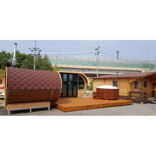 Barrel Outdoor Sauna 250 for 4 persons / Electric or Wood-Burning Harvia Stove  / High Quality Scandinavian Spruce (Thermwood)