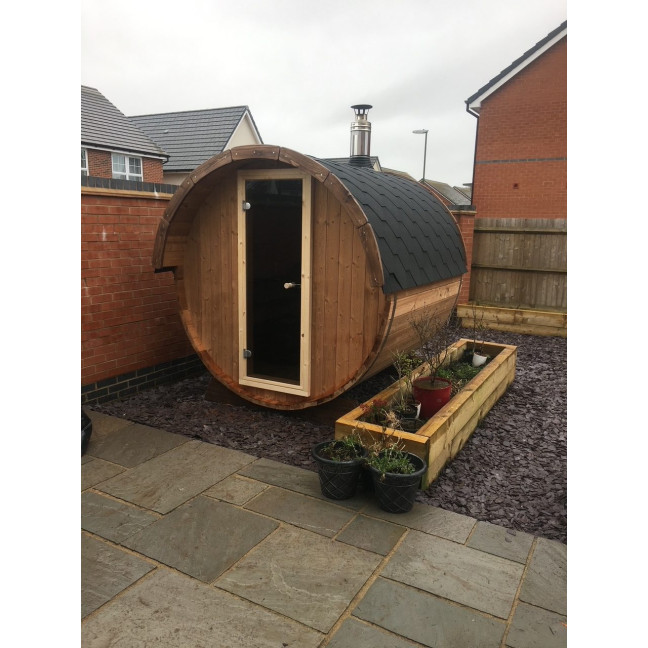 Barrel Outdoor Sauna 220 for 4 persons / Electric or Wood-Burning Harvia Stove  / High Quality Scandinavian Spruce (Thermwood)
