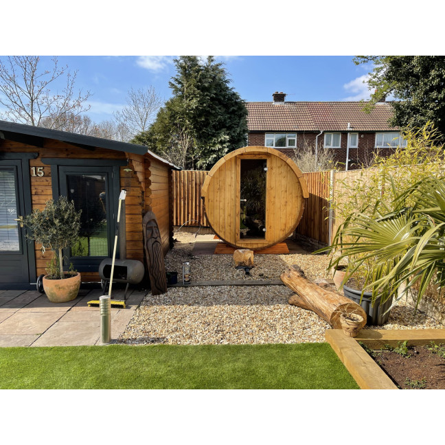 Barrel Outdoor Sauna 220 for 4 persons / Electric or Wood-Burning Harvia Stove  / High Quality Scandinavian Spruce (Thermwood)