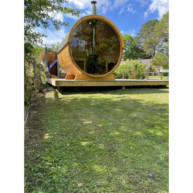 Barrel Outdoor Sauna 250 for 4 persons / Electric or Wood-Burning Harvia Stove  / High Quality Scandinavian Spruce (Thermwood)