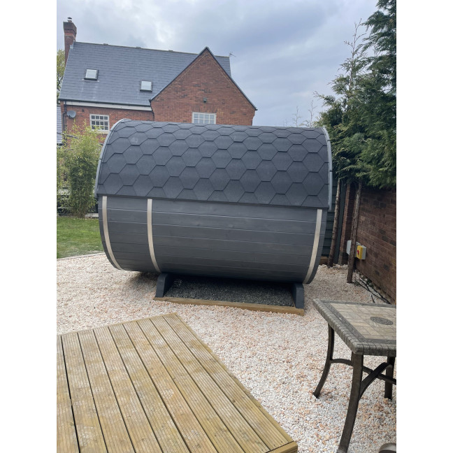 Barrel Outdoor Sauna 250 for 4 persons / Electric or Wood-Burning Harvia Stove  / High Quality Scandinavian Spruce (Thermwood)